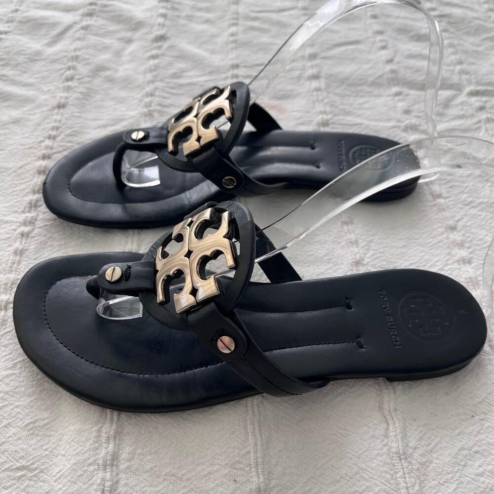 Tory Burch Miller Metal Logo Black Leather Sandals Size 7